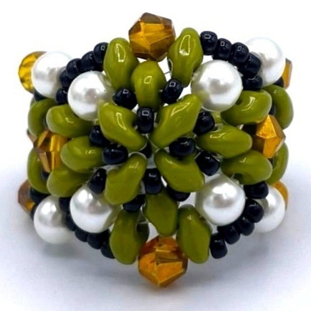 Olive Green with Pearl and Burnt Orange Crystal Beaded Statement Ring Size 7